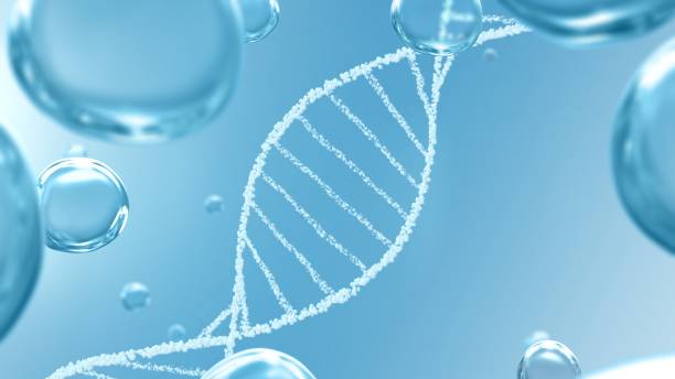 Concetto di illustrazione 3d delle cellule staminali di bellezza e assistenza sanitaria medica.Elica di bolle di umidità bianca su sfondo blu chiaro con goccioline pure come futuristica ingegneria genetica del vaccino mRNA e cosmetici.