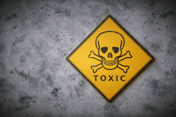 A square yelow sign with the international symbol for poison and other chemical / biological hazard. The sign is set on a dirty concrete wall surface.