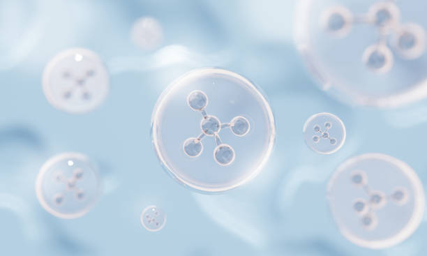 Closeup of molecule atoms structures inside vitamin bubbles on blue liquid serum background. Cosmetics skincare or human skin treatment and solution. 3d illustration rendering
