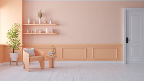 Peach fuzz room ,minimal luxury living room interior , peach  armchair with plant ,peach color paint wall. color of the year 2024 , 3d render
